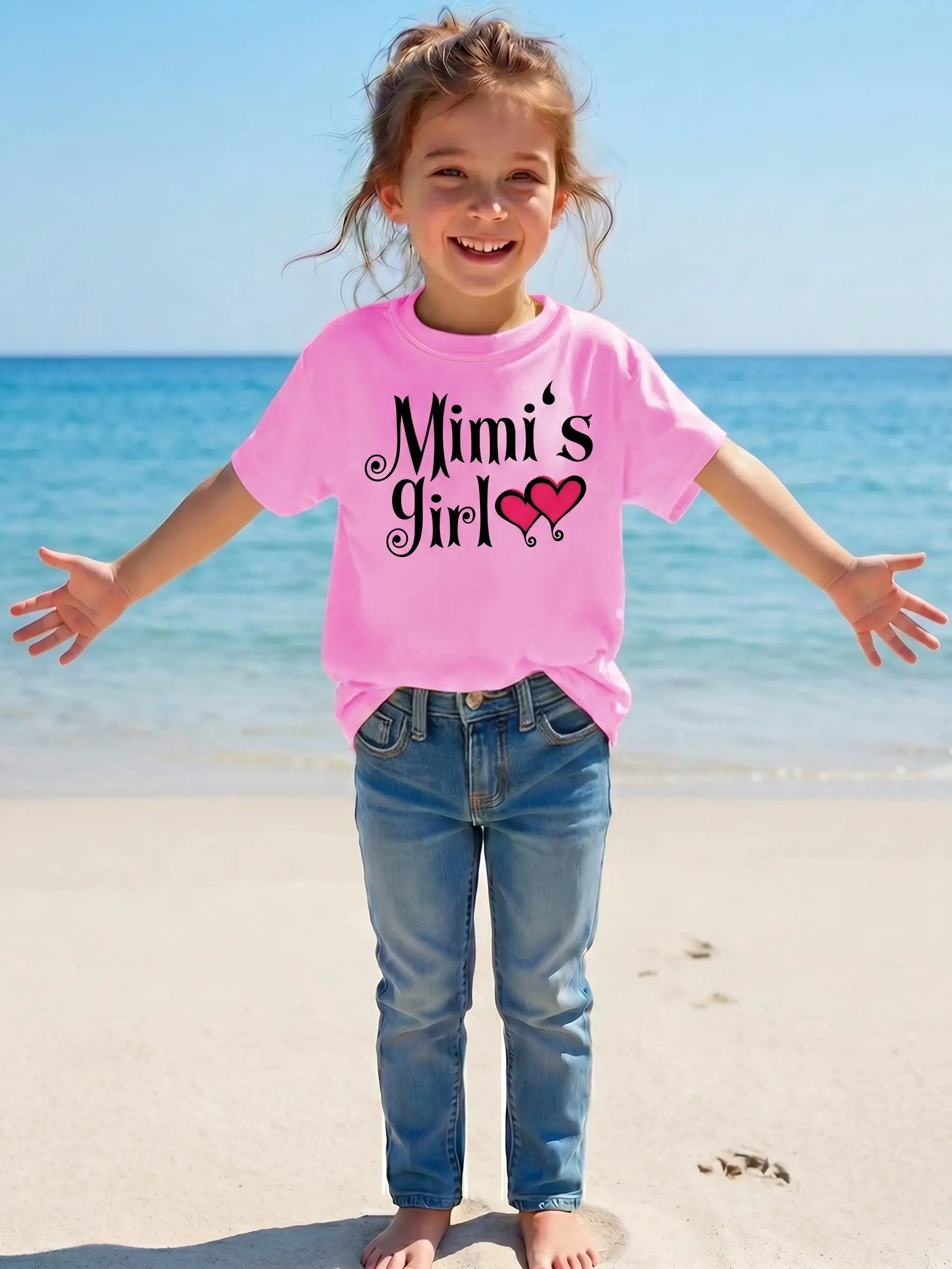 Toddler Girls' Fitted "Mimi's Girl" Cotton Graphic Printed Casual Shirts - Pink Hearts, Short Sleeve Top with Family Love Theme for Beach & Daily Wear