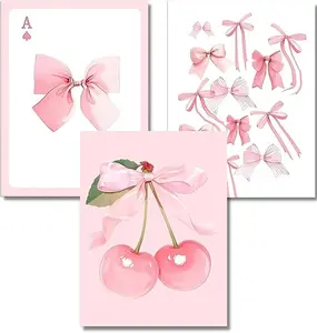5D Diamond Painting Kit for Adults 3-Pack Pink Aesthetic Bow & Cherry Art DIY Coquette Style Craft Bundle with Playing Card & Floral Decor for Home Deco