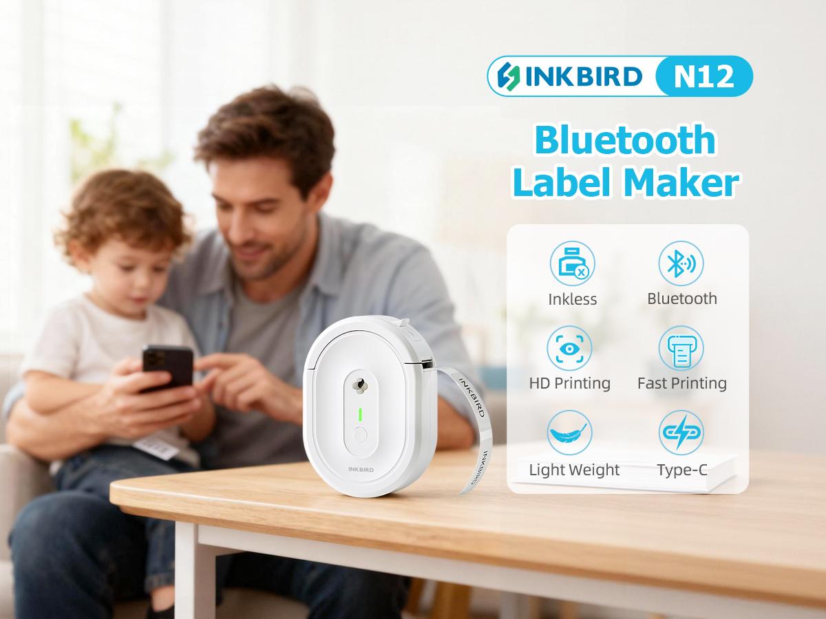 INKBIRD N12 Portable Label Maker Machine, Bluetooth Sticker Printer, Thermal Printing, Various Print Templates, Use with Smartphones and Tablets, Ideal for Home, School, Office INKBIRD N12 Portable Label Maker Machine, Bluetooth Sticker Printer, Thermal Printing, Various Print Templates, Use with Smartphones and Tablets, Ideal for Home, School, Office