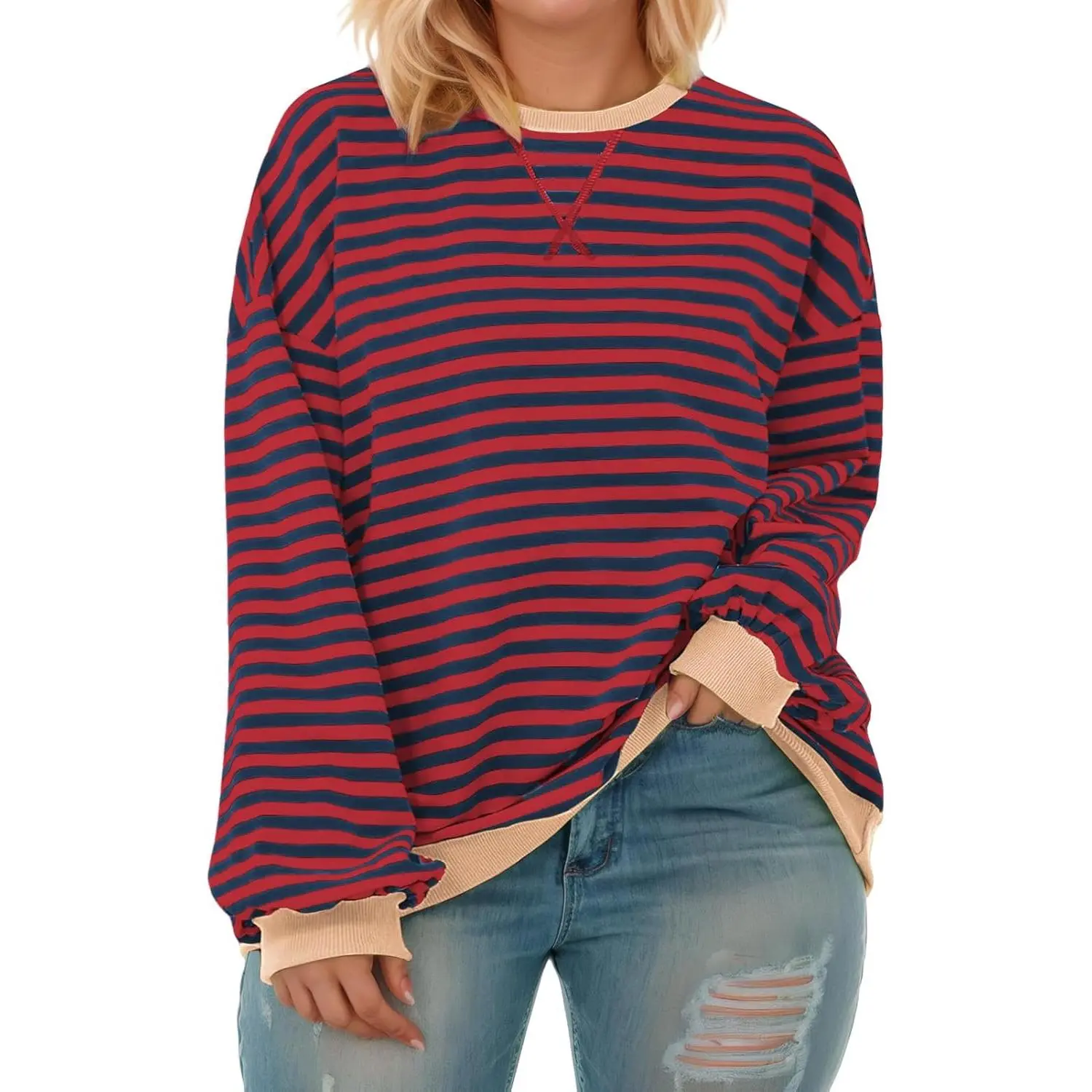 Women's Plus Size Oversized Striped Colorblock Sweatshirt - Long Sleeve Casual Crewneck Comfy Pullover, Soft Polyester Fabric, Fashion Fit for Everyday Day Wear, XL-5XL, RPS2132 Womenswear Blue