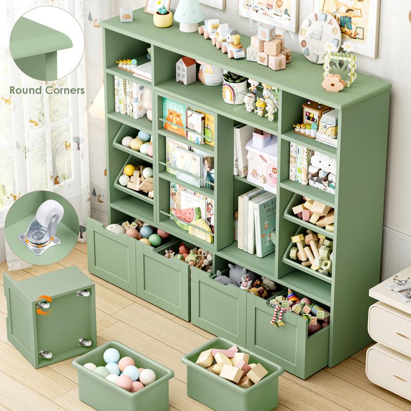 FOTOSOK 55.1" W Toy Storage with Sliding Bookshelf, Large Kids Bookshelf with 4 Movable Drawers and 4 Bins