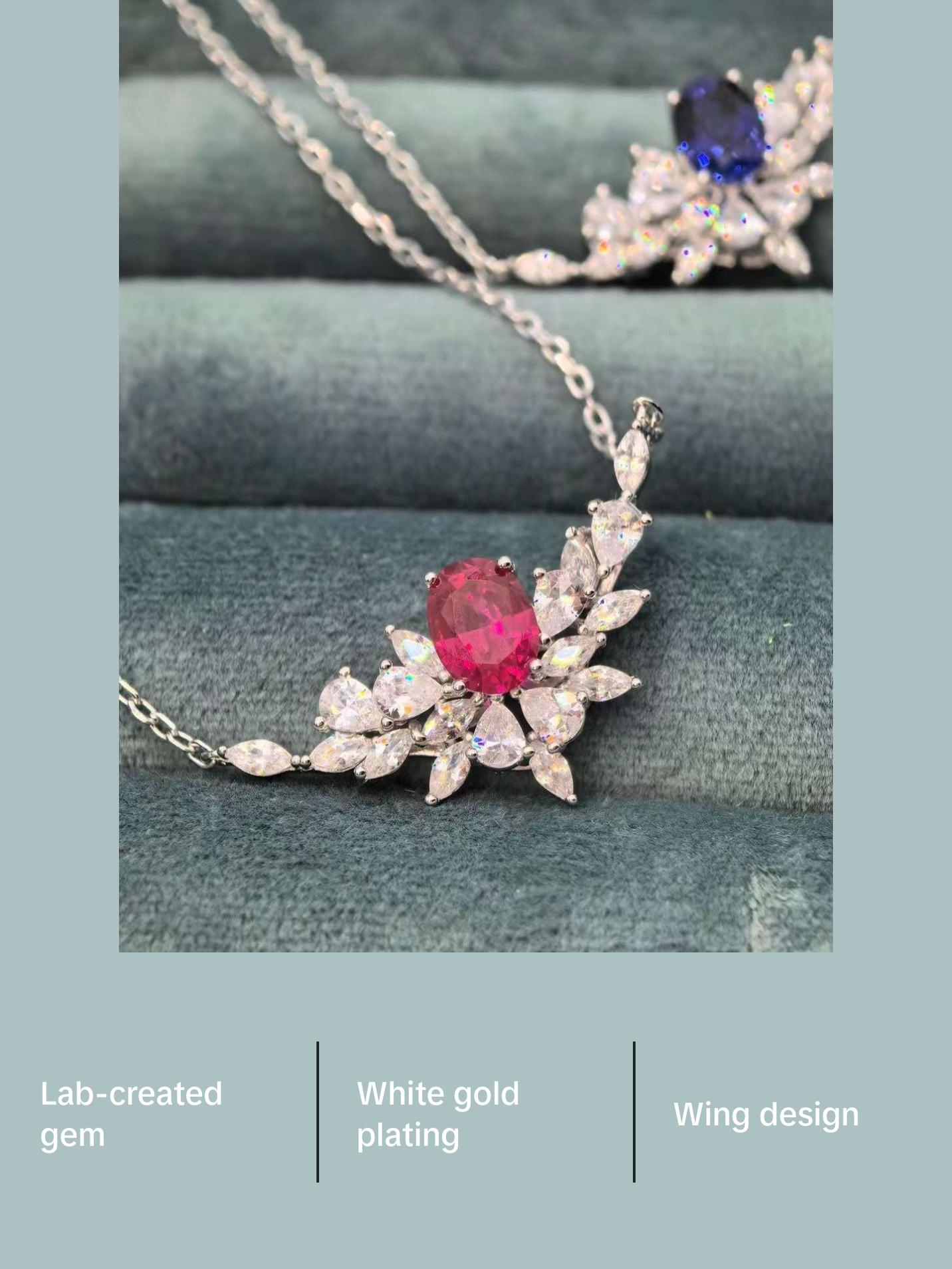 1.56ct Lab-grown Ruby / Sapphire Silver Necklace - Tilted wings Style