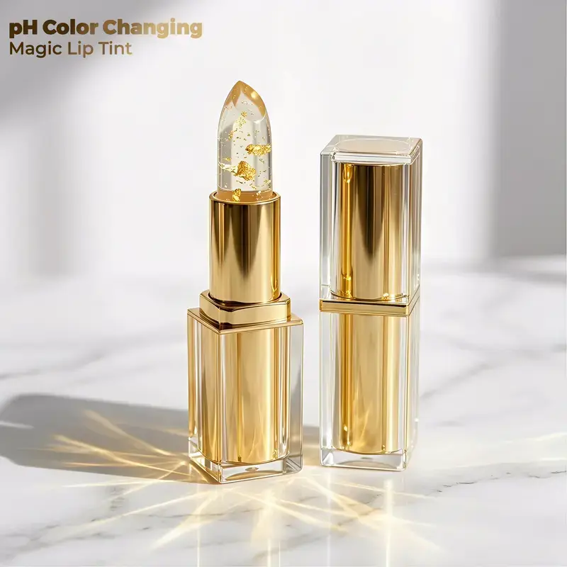 Buy 1 Get 1 Free pH Color Changing Lipstick - 2pcs 3.5g Gold Foil Flower Jelly Lip Balm, Long-Lasting Moisturizing Magic Lip Tint for All Skin Types, Makeup Essential, Buy 1 Get 1 Free Product