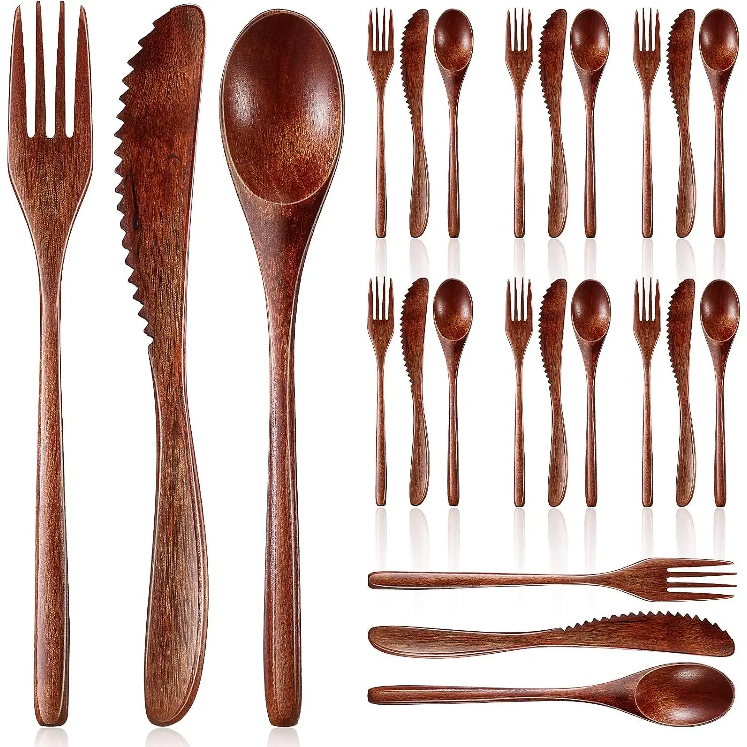 Phoebe Wood Reusable Cutlery Tool Kit - 24pcs Mix Set with 12pcs Optional, 9" Compact Tableware for Daily Meals, Camping & Kitchen Use (Includes Spoon, Fork, Knife)