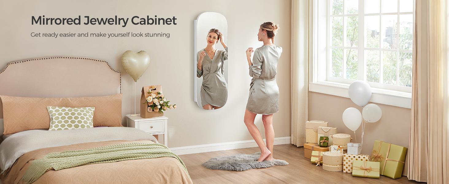 SONGMICS LED Jewelry Organizer Wall or Door Mounted Lockable Rounded Wide Mirror with Storage Interior Mirror MDF Material White Surface Greige Lining