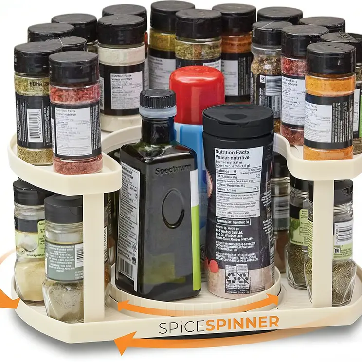 2-Tier Spice Spinner Rack - Durable Kitchen Seasoning Organizer, 360-Degree Dual Spin Turntables, Tall Spice Space Saver, Fits Flush 10.75", Adjustable Cabinet-Fitting Holder for Easy Access