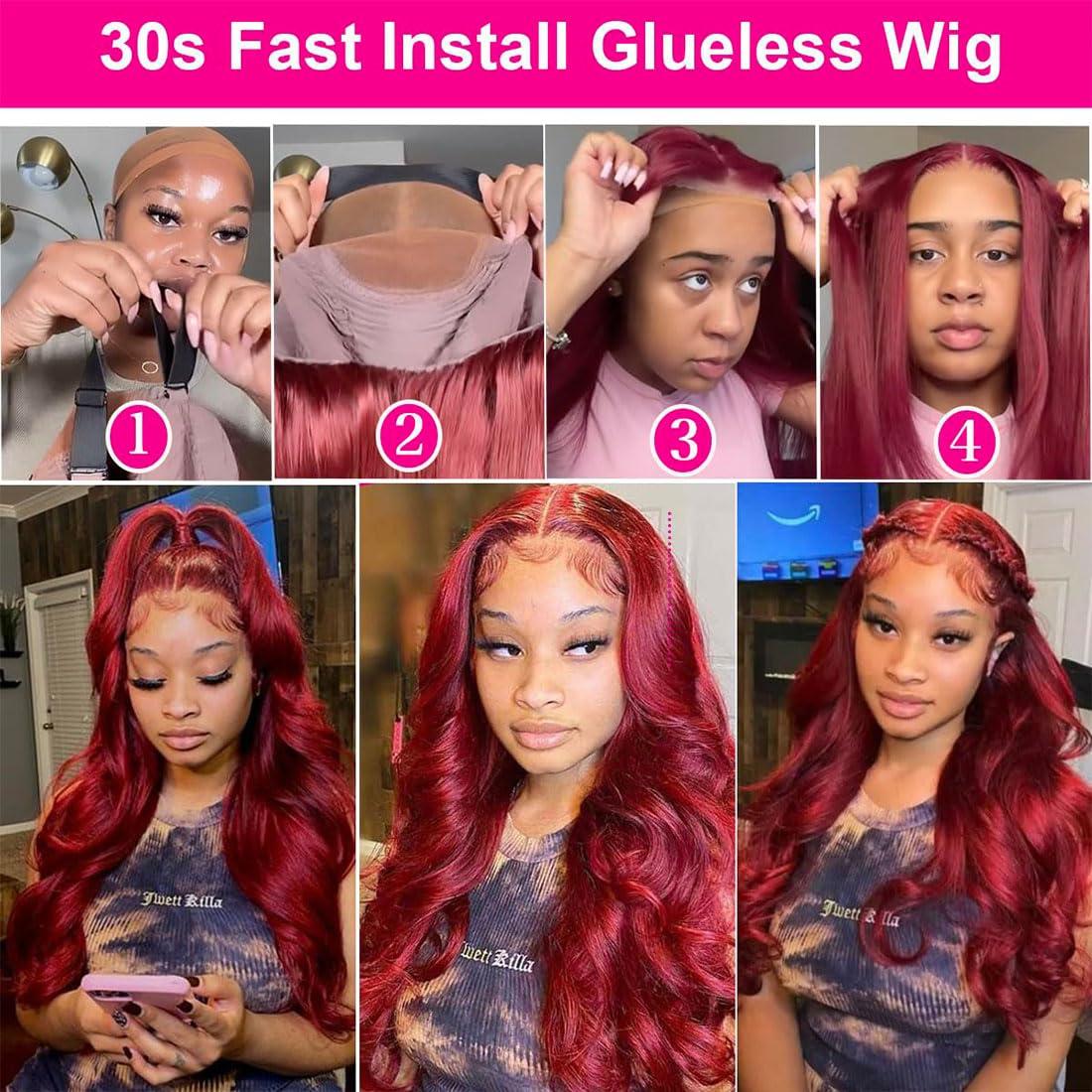 Bling Hair Body Wave 9x6 Glueless Wig Burbundy #99j Colored Preplucked Remy Brazilian 7x5 Lace Closure HD Lace No Tangling No Shedding 180 Density Wig