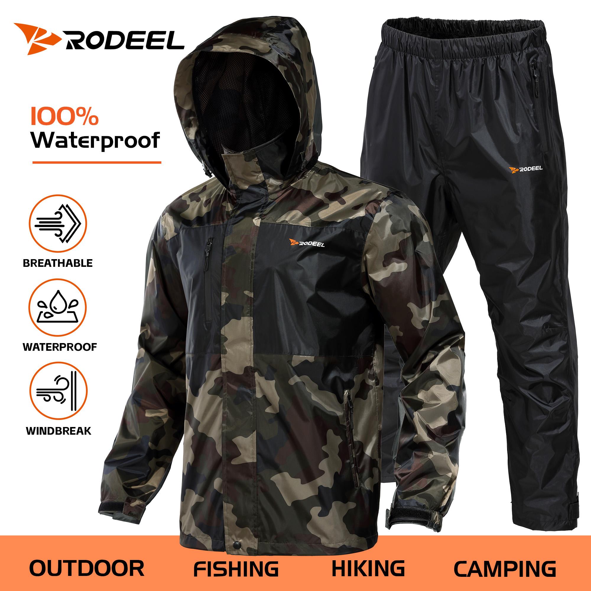 RODEEL 702 Waterproof Jacket and Pants Set Men Lightweight Breathable Full Zip Adjustable Hooded Rain Coat Durable Rain Suit Weatherproof Rainwear Windbreaker For Outdoor Hiking Camping Fishing Boating Construction Landscaping, Holiday Gift