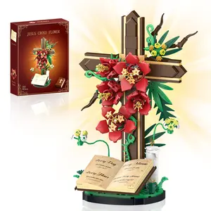 TENHORSES Jesus Cross Flower Building Set 363PCS Religious Collectibles with Kapok Flowers Dogwood Blossoms Olive Branches Symbolizing Faith Hope Peace for Christmas Christian Gifts