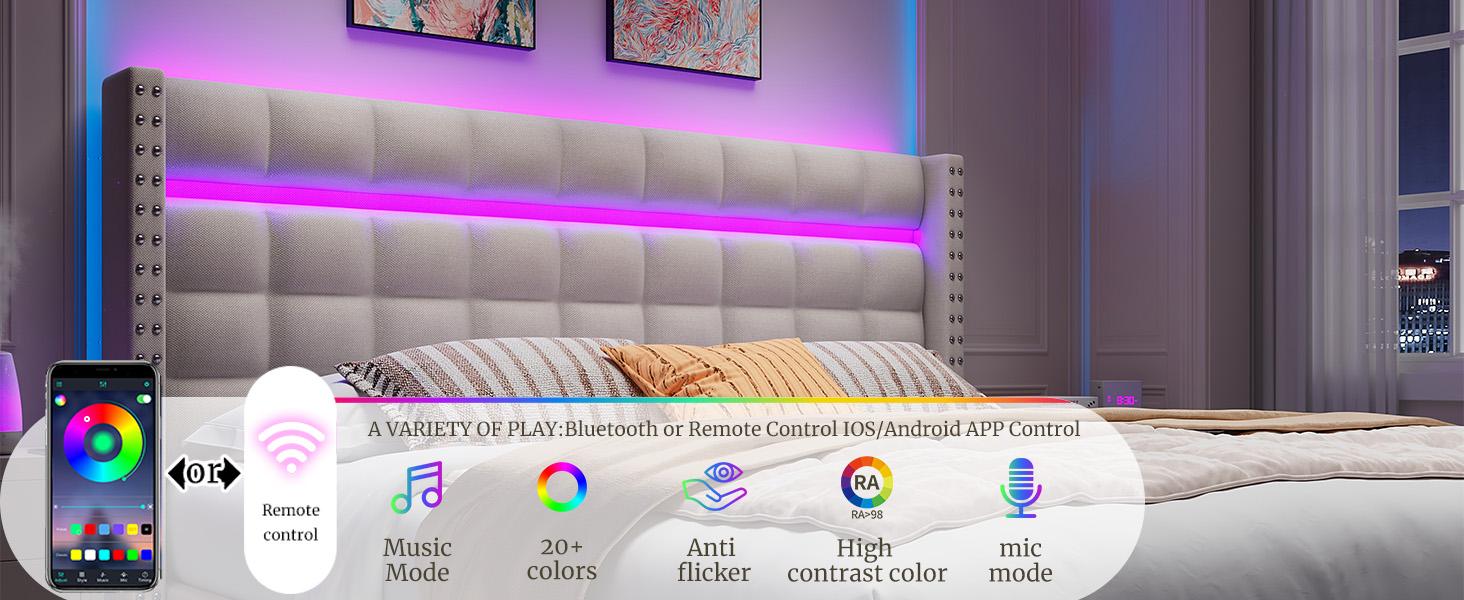 Raybee Furniture 3 Drawers Bed frame for Queen, No Mattress, LED Bed Frame with Adjustable Headboard and Storage, NO Noise,No Spring Needed, Hold 880LBS, Beige, Gray