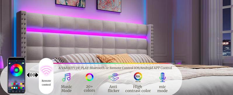 Raybee Furniture 3 Drawers Bed frame for Queen, No Mattress, LED Bed Frame with Adjustable Headboard and Storage, NO Noise,No Spring Needed, Hold 880LBS, Beige, Gray