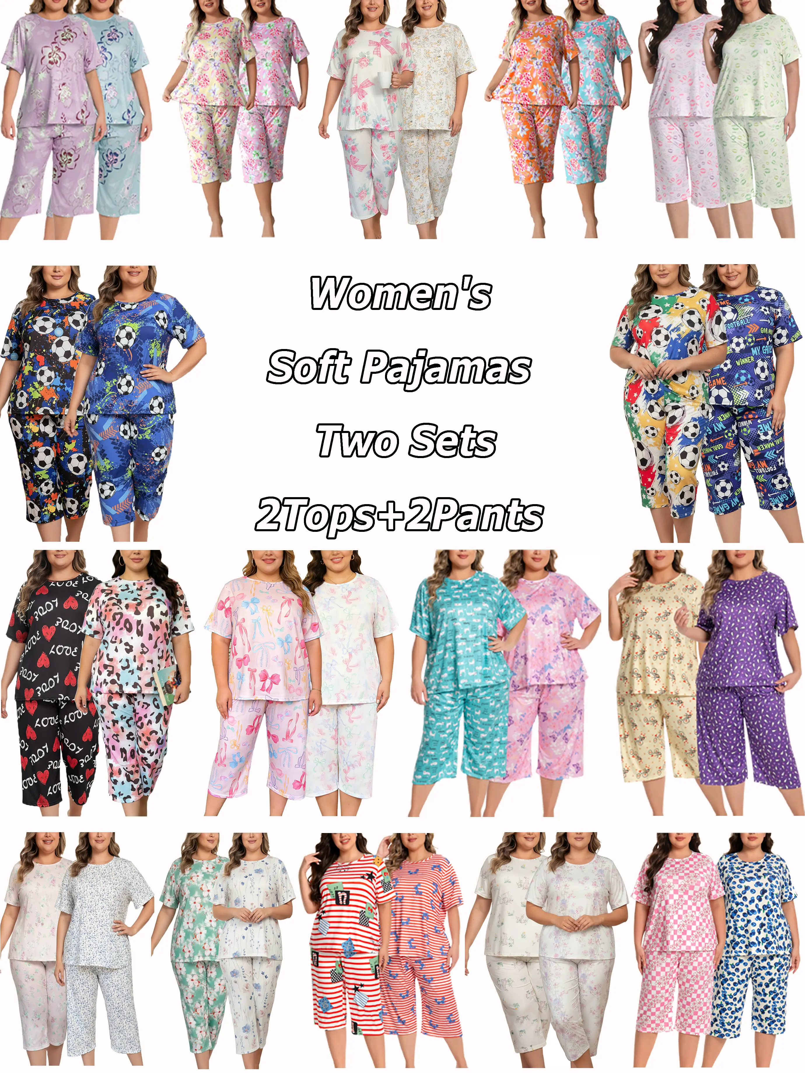 【Flash Sale】 Plus Size Pajama Sets for Women | 2 Tops 2 Bottoms Soft Oversized Loungewear | Capri & Shorts Comfy Crewneck Sleepwear 1XL-5XL Matching Pj Set Floral outdoorfun