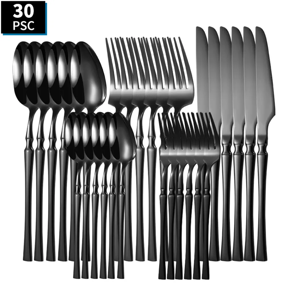 30-Piece BPA-Free Modern Black Stainless Steel Cutlery Set - Irregular Slim Waist Design, Includes Knives, Forks, Spoons - Ideal for Home Use, Party - Holiday Gift Option