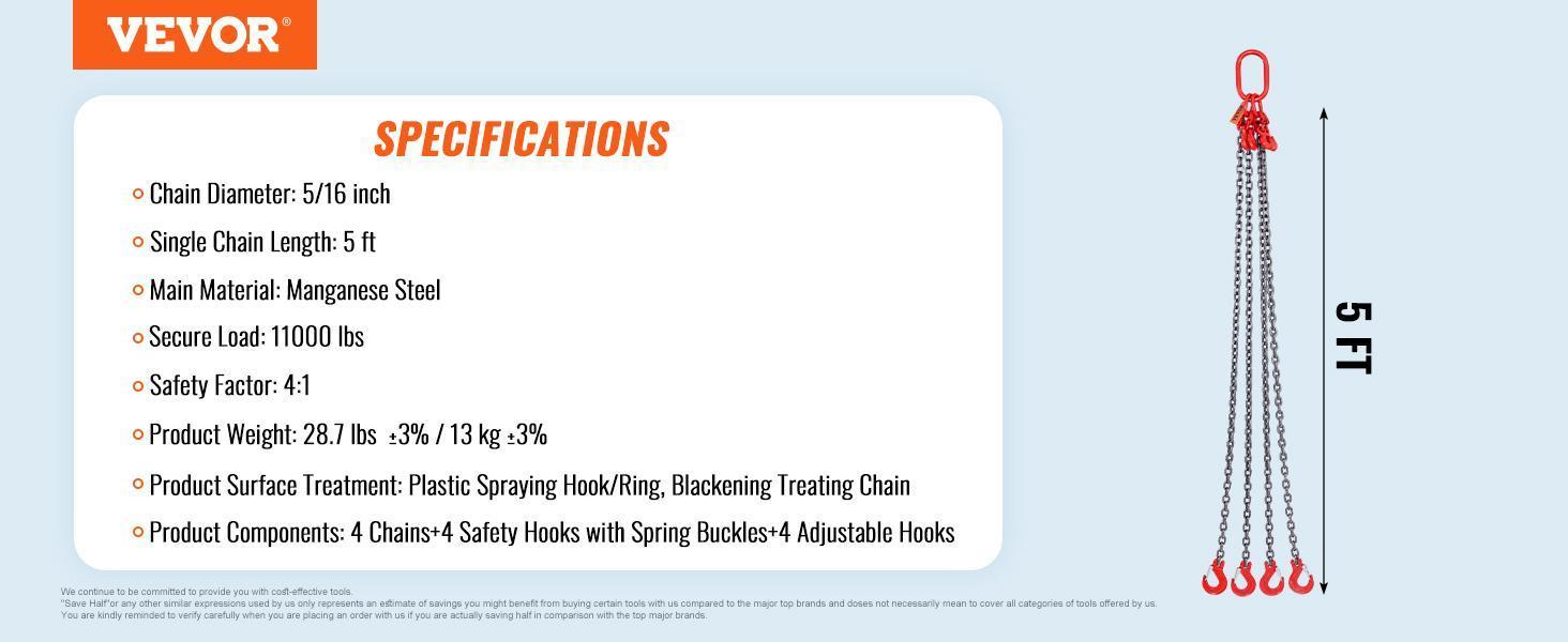 VEVOR Chain Sling, Max 11000 lbs Weight Capacity, G80 Lifting Chain with Grab Hooks, DOT Certified, Blackening Coating Manganese Steel & Adjustable Length, for Dock Factory Construction Site