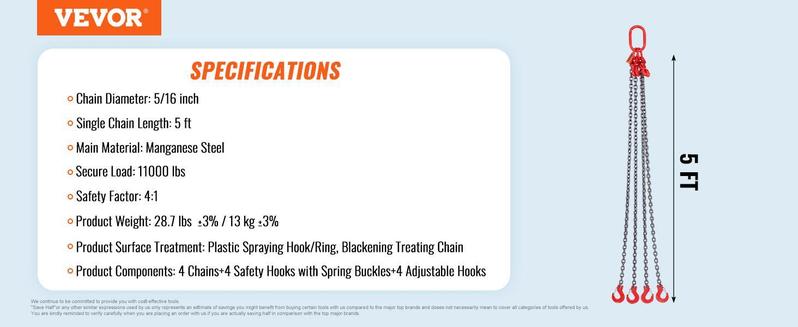 VEVOR Chain Sling, Max 11000 lbs Weight Capacity, G80 Lifting Chain with Grab Hooks, DOT Certified, Blackening Coating Manganese Steel & Adjustable Length, for Dock Factory Construction Site