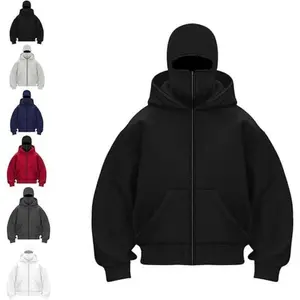 Men's Balaclava Hoodie Winter Double Layer Hooded Sweatshirt with zipper, Fleece-Lined Hip-Hop Hoodie