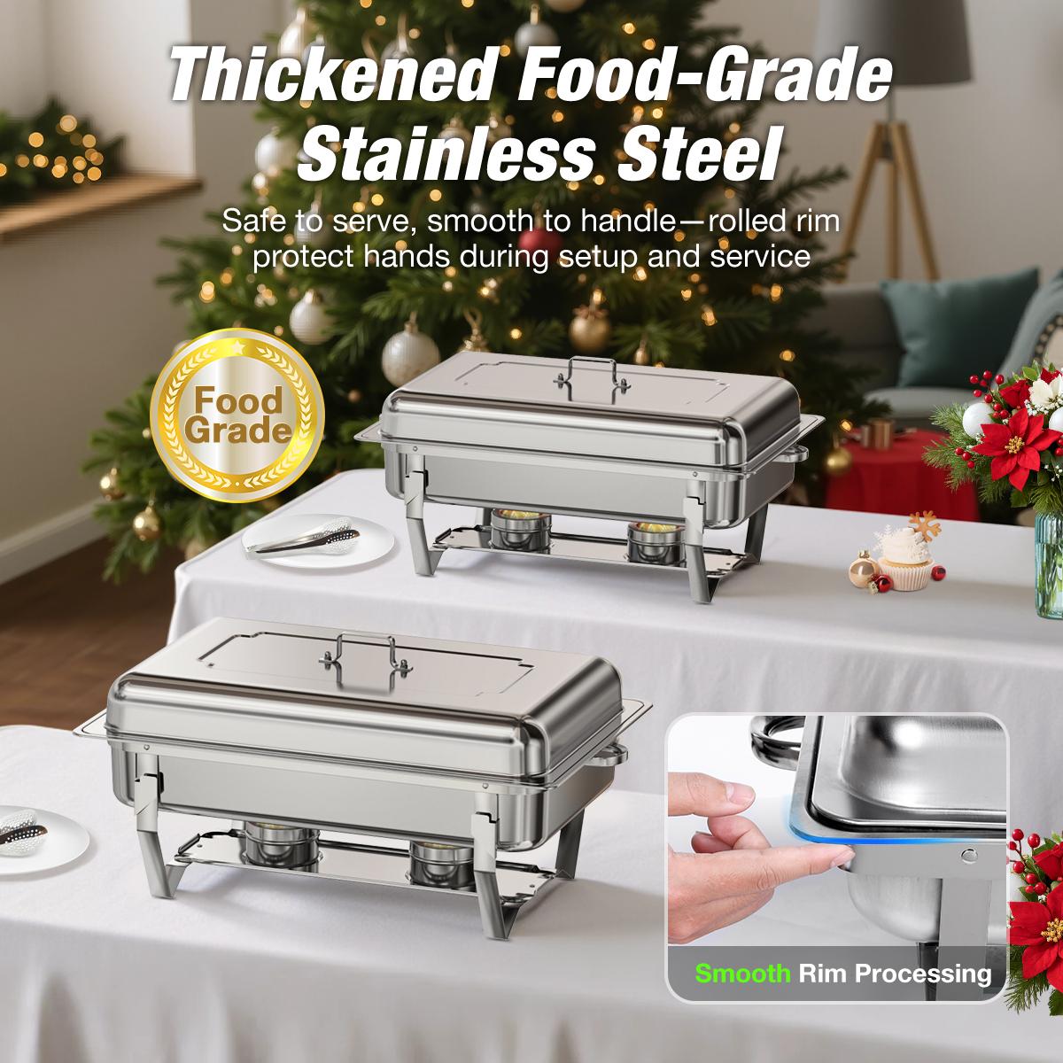 WARMOUNTS  Rectangular 9QT Chafing Dishes for Buffet with Upgraded Multi-Size Food Pans (9QT, 2Pack/4Pack), Large Chafing Dish Set w/Mirror-Polished Stainless Steel, Rolled Rim, Foldable Frame for Party (full-size, 1/2 Size, 1/3 Size Food Pan)
