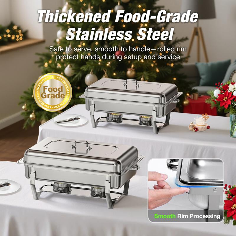 WARMOUNTS  Rectangular 9QT Chafing Dishes for Buffet with Upgraded Multi-Size Food Pans (9QT, 2Pack/4Pack), Large Chafing Dish Set w/Mirror-Polished Stainless Steel, Rolled Rim, Foldable Frame for Party (full-size, 1/2 Size, 1/3 Size Food Pan)