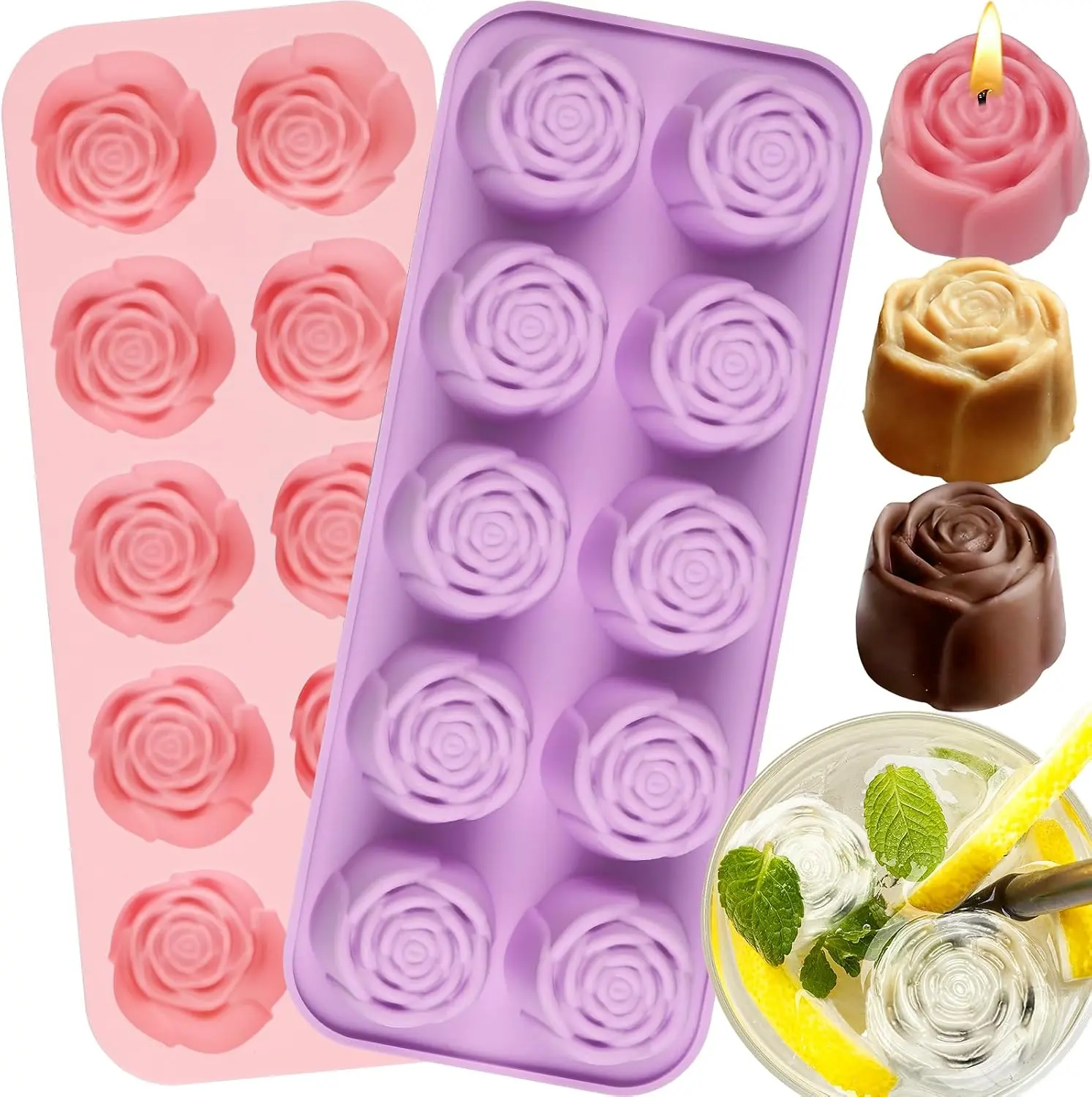 DIY Enthusiasts' 2-Piece Rose-Shaped Silicone Mold Set - 10-Cavity Baking Mold for Chocolate, Jelly, Rose Shape