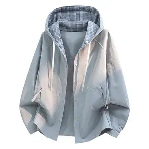 Spring new hooded shirt, plaid patchwork faux two-piece jacket, men’s loose casual versatile outerwear summervibes