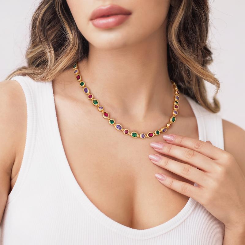 Turandoss 14K Gold Plated Multicolor Gemstone Tennis Necklace – Colorful CZ & Emerald Chain, Adjustable, Stylish Gift Jewelry for Him & Her