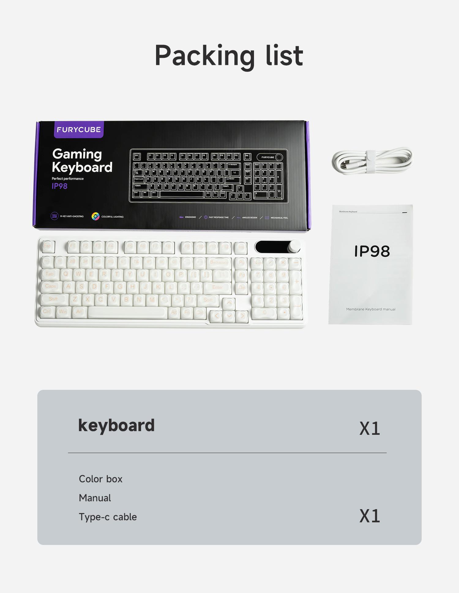 FURYCUBE IP98 Foundation Keyboard 98keys Wired Wireless Keyboard with Number Pad Silent Media Knob Custom RGB Backlit Ergonomic for PC MAC PS4 Xbox ONE Membrane keyboard Office Giftguide Silent