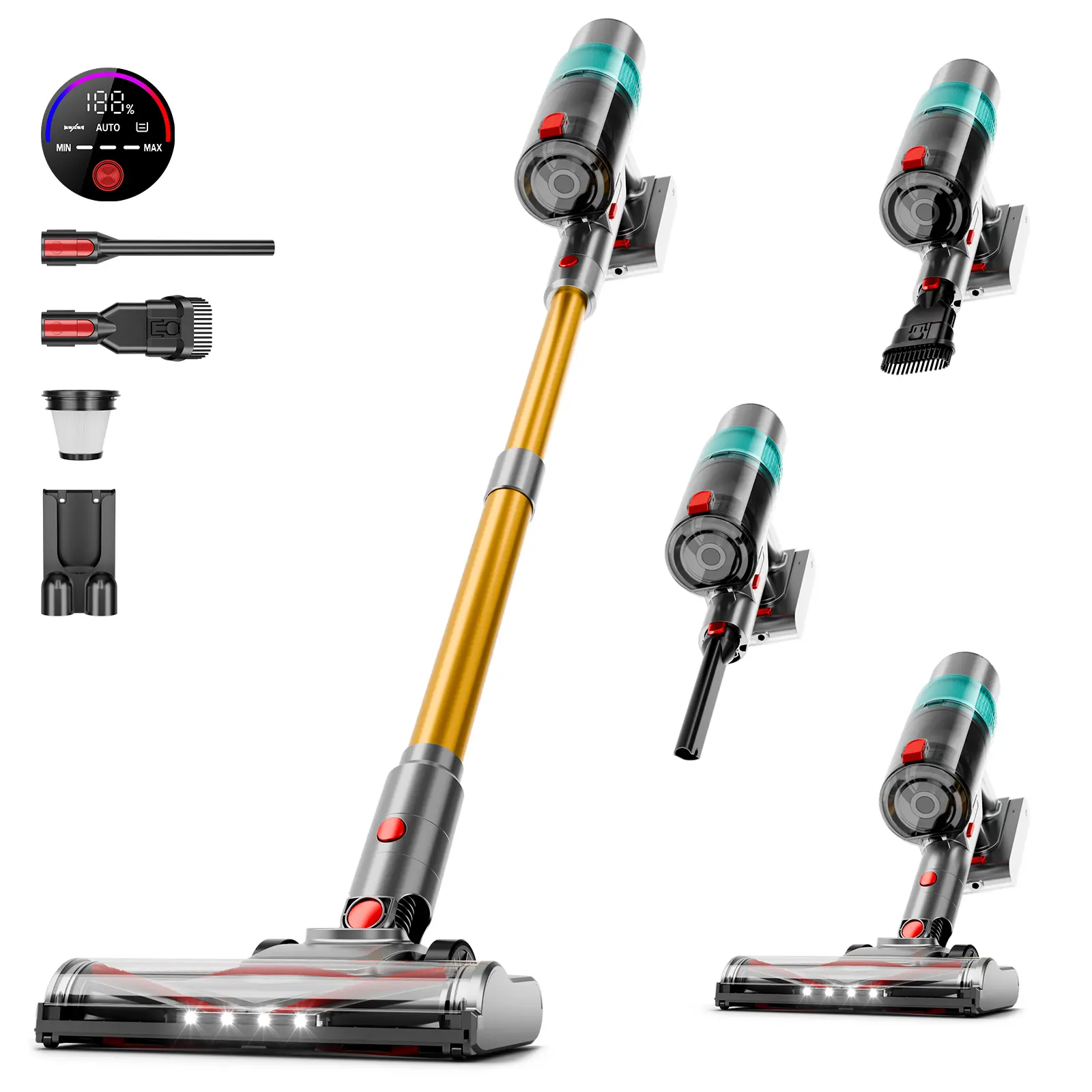 Cordless Battery Powered Vacuum Cleaner - Self-Standing, Touch Screen Control, LED Headlights, Hard Floor & Pet Hair Cleaning, Multiple Accessories, Long Runtime