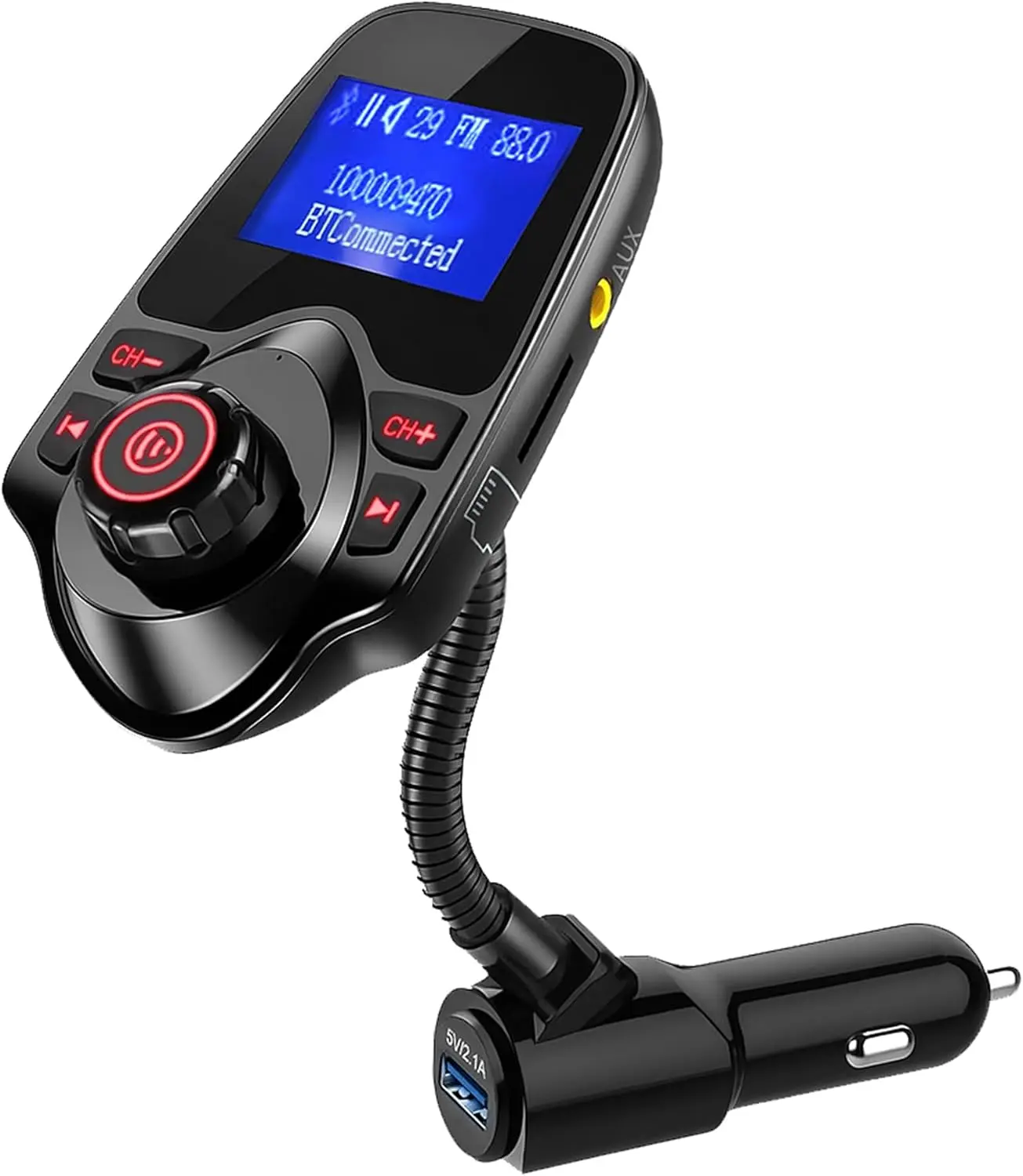 ONN Upgraded 2026 12V Bluetooth FM Transmitter Car Stereo - 1.44" LCD LED Display, Flexible Gooseneck Mount, Hands-Free Calling, Dual USB Fast Charger (5V/2.1A), AUX & Micro SD Support, Plastic ABS Build for SUVs