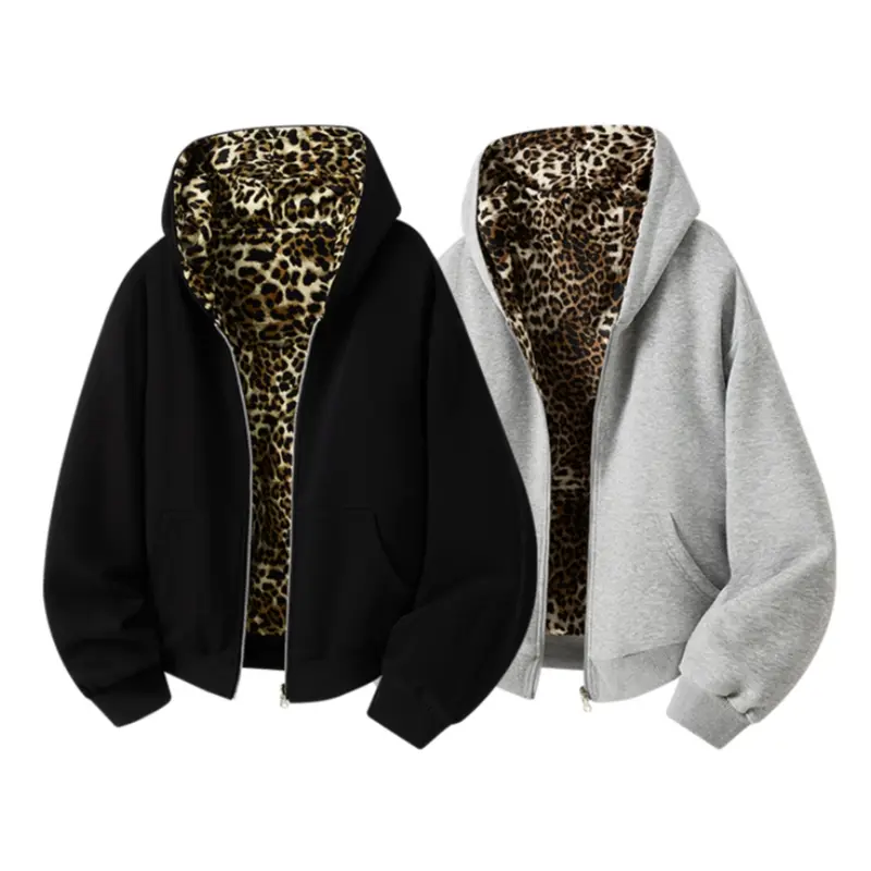 Men's Zip Up Hooded Jacket, Reversible Design With Classic Leopard Print Lining, Dual Front Pockets Ribbed Cuffs And Hem, Soft Thickened Warm Fabric, Street Fashion Outerwear In Two Neutral Shades For Autumn Winter Casual Street Outfits # SummerWins