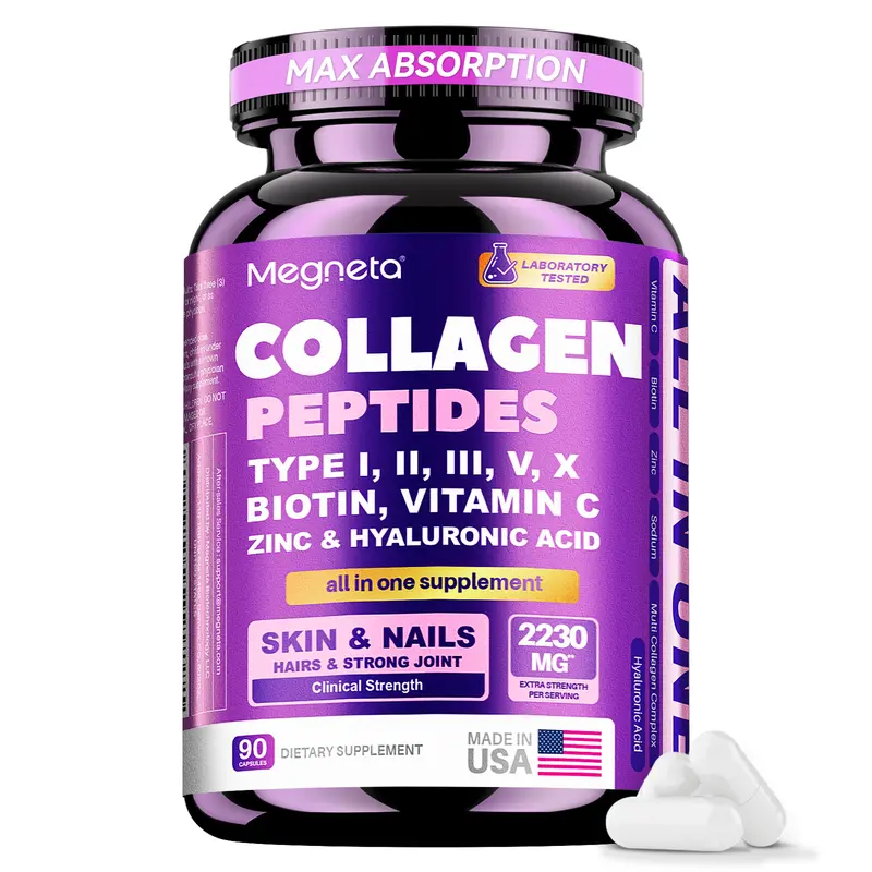 Megneta Collagen Peptides 5 Types Complex 2200mg- Hydrolyzed Protein Peptides (Type I,II,III,V,X) with Hyaluronic Acid, Zinc& Vitamin C US Made Dietary Supplement for Health Beauty Fitness 90 Capsules