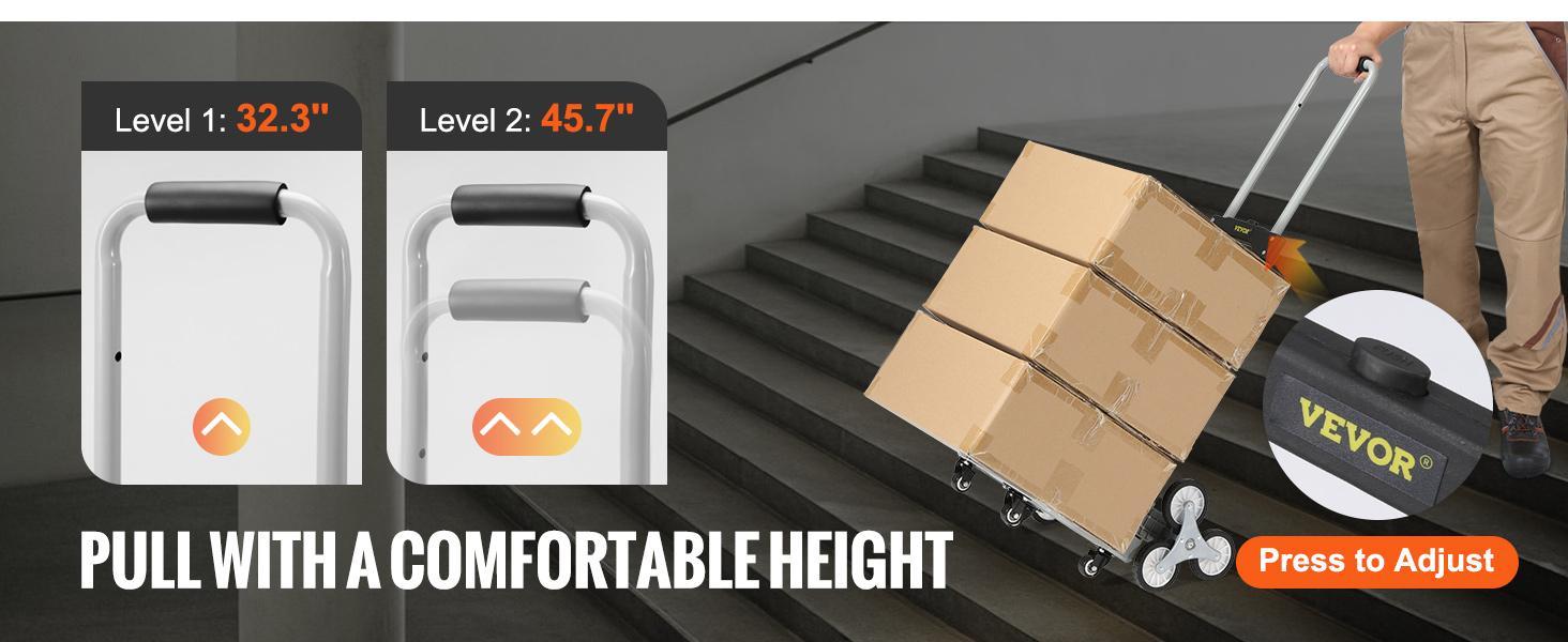 VEVOR Stair Climbing Cart,  Max. 550 lbs Load Capacity, Foldable Hand Truck with 32.3-45.7 inch Adjustable Handle Height, 4 Universal Wheels & 2 Elastic Ropes, Multipurpose Dolly for Warehouse Shopping