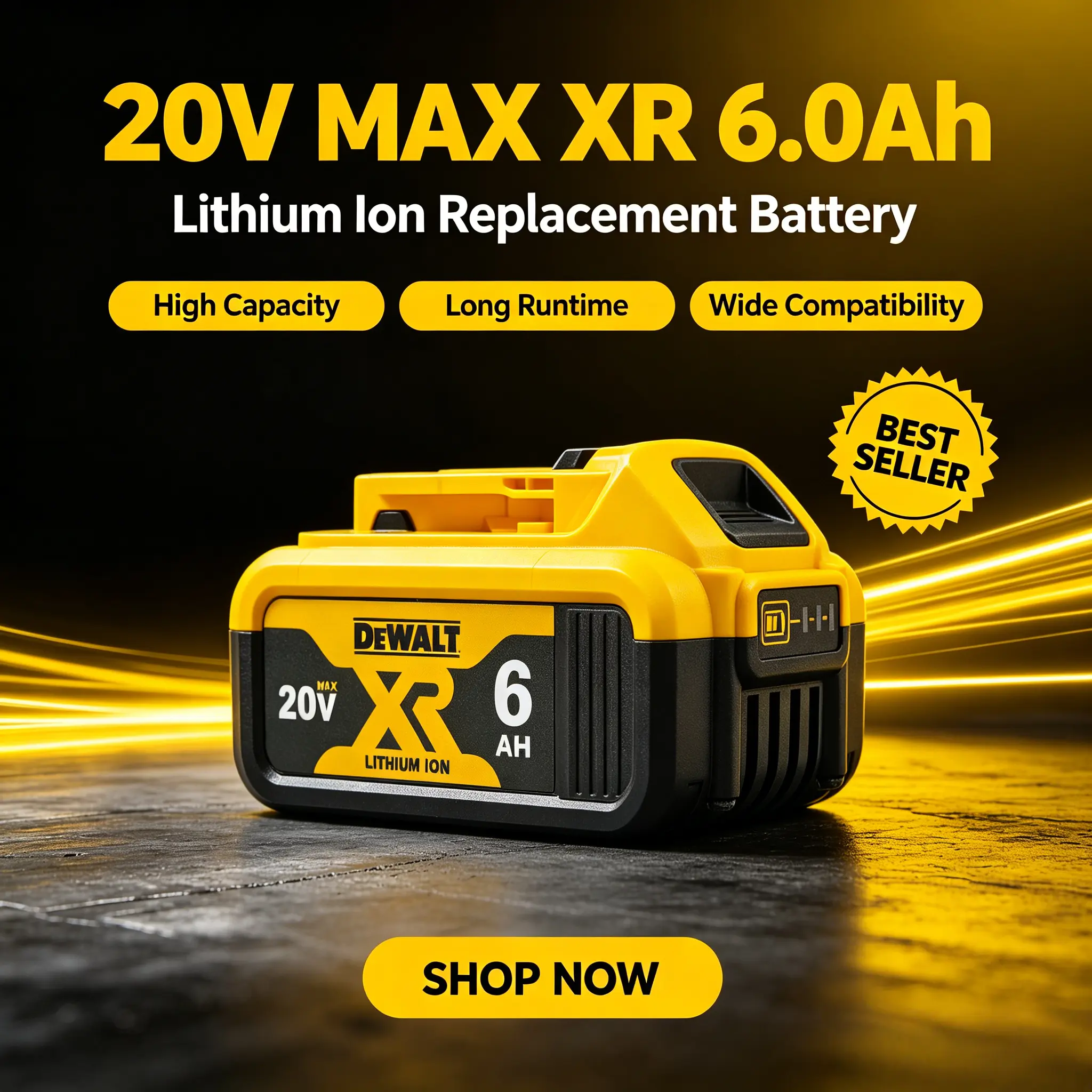 DEWALT 20V DCB206 MAX Lithium-Ion 6.0Ah Power Tool Battery, Durable High-Capacity Accessory for Power Tools, Power Tool Batteries Heavy Duty