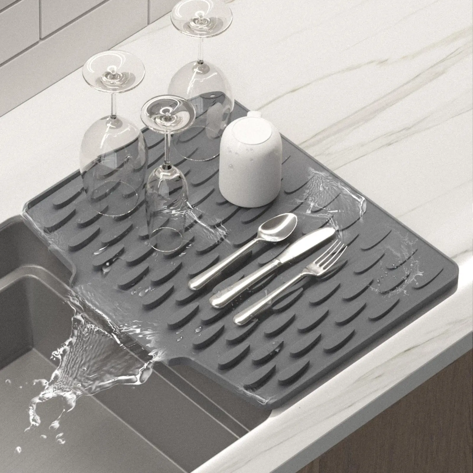 Gray Silicone Rectangle Dish Drying Mat (12.6in*10in, BPA Free) - Kitchen Silicone Trivet with Ridges, Enhanced Ventilation, Roll-Up Storage, Anti-Slip, Fast Drainage, Dishwasher Safe, Bendable Heat-Resistant Mat Shields Counters for Tableware