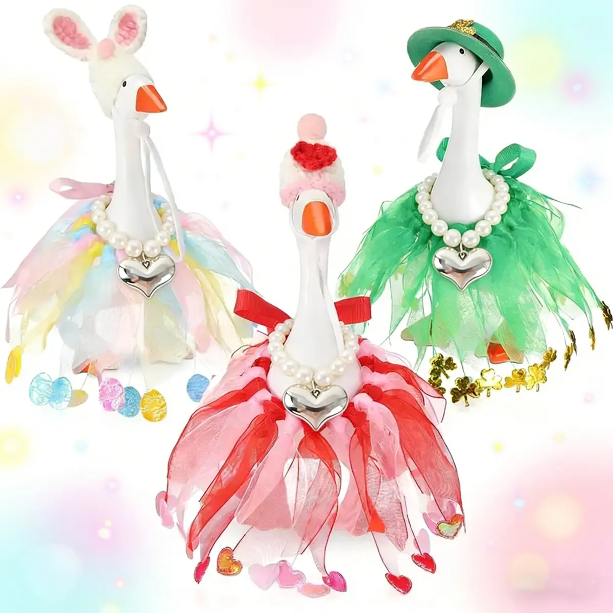 3 Set 7-Inch Mini Desktop Goose Costumes - Easter & St. Patrick's Day Outfits with Knitted Hat, Tutu Skirt & Pearl Heart Necklace - Perfect Magnetic Duck Accessories