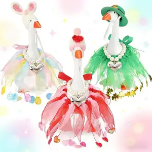 3 Set 7-Inch Mini Desktop Goose Costumes - Easter & St. Patrick's Day Outfits with Knitted Hat, Tutu Skirt & Pearl Heart Necklace - Perfect Magnetic Duck Accessories
