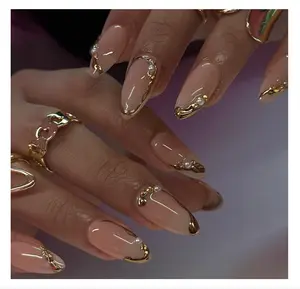 Almond Press on Nails Medium Glue on Nails Gold French Fake Nails 3D Gold Lines & Pearl Acrylic Nails Nude Translucent Nails Press ons Simple & Reusable Stick on Nails for Women 24 Pcs