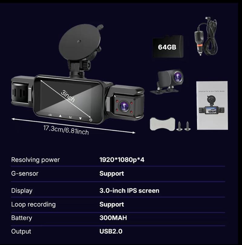 4 Channel Dash Cam with 360° Surround View Includes FREE OBD Cable for 24/7 Parking Monitor 4 Lens Front Rear Inside Left Right Recording 4" Display, Built-in WiFi, 64GB Card Clear Night Vision, HDR,Automotive Driving Recorder 4 Channel Dash Cam with 360° Surround View Includes FREE OBD Cable for 24/7 Parking Monitor 4 Lens Front Rear Inside Left Right Recording 4" Display, Built-in WiFi, 64GB Card Clear Night Vision, HDR,Automotive Driving Recorder