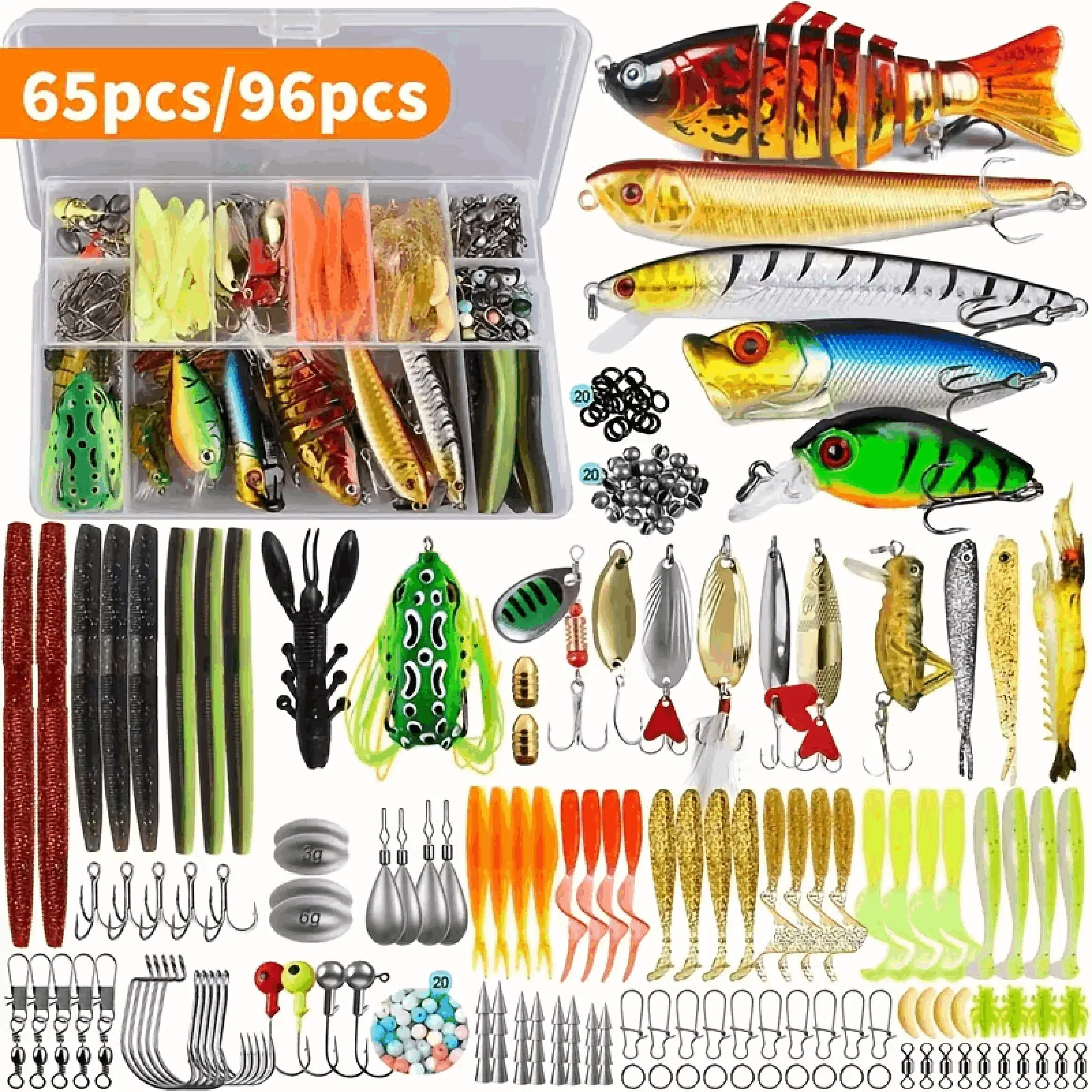 Takami Fishing Lure Set, 65pcs/96pcs Soft Bait Combo, Includes Weights, Connectors, Plastic Minnows, Bass & Trout Fish Baits, Artificial Fishing Lures, Fishing Lure Kit, Fishing Supplies