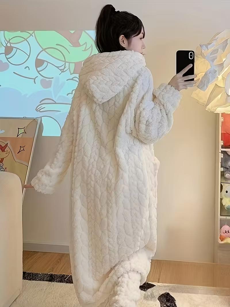 Women's Fleece-Lined Hooded Bodysuit Long-sleeved Warm Winter Wear with Pockets Comfortable Loungewear Pajamas Soft Fleece Bathrobe for Home Office or Bed Use Machine Washable Beige Everyday Nightwear