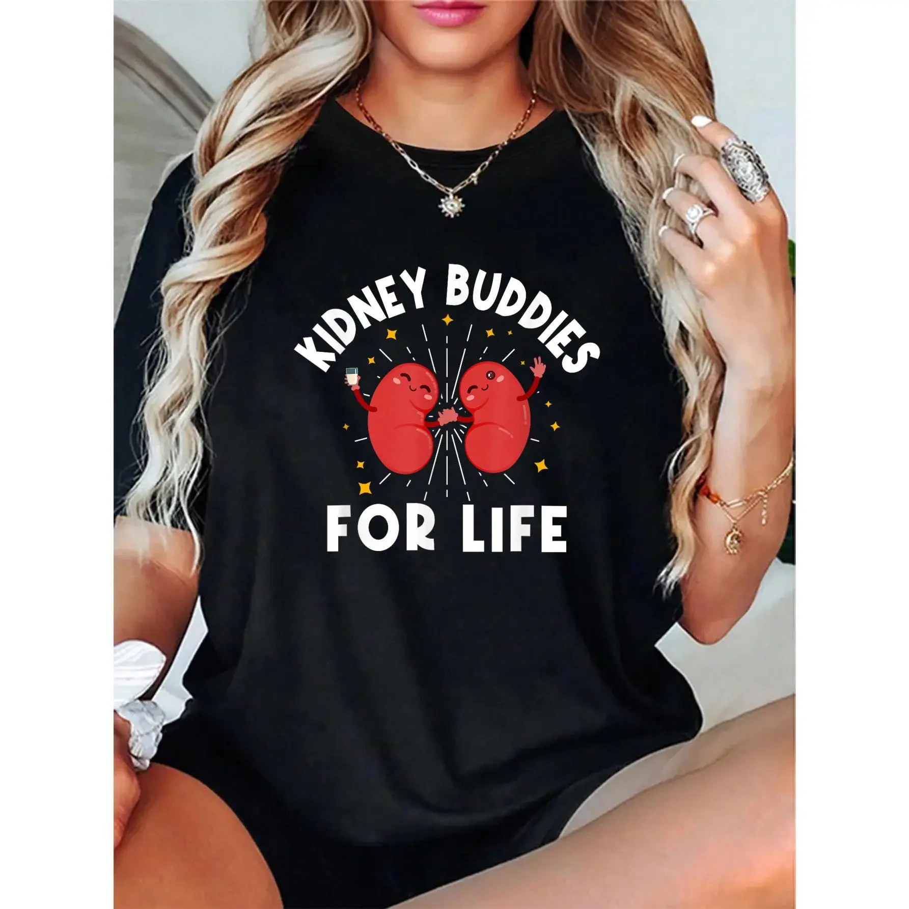 Women's 100% Cotton Crew Neck T-Shirt - Unisex "Kidney Buddies For Life" Print, Organ Transplant Donor/Recipient Tee, Kind Heart Brave Soul, Soft Breathable, Comfortable Everyday Streetwear, Love, Sleeves, Cute, Fit, Short, Soft Cotton, Round Neck, High-D