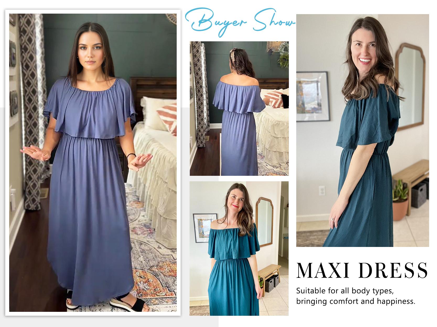 AUSELILY Womens Off The Shoulder Dress Wedding Guest Dress Summer Casual Long Ruffle Party Side Split Beach Maxi Dresses with Pockets SpringStatements