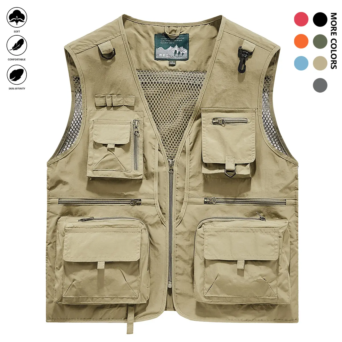 Men's Beige Sleeveless Plain Polyester Lightweight All-Seasons Deep Cargo Pocket Vest-Jacket, Multi-Pocket Top with Zippered Panels, Machine Washable for Outdoor Workwear & Fishing, Cargo Pockets