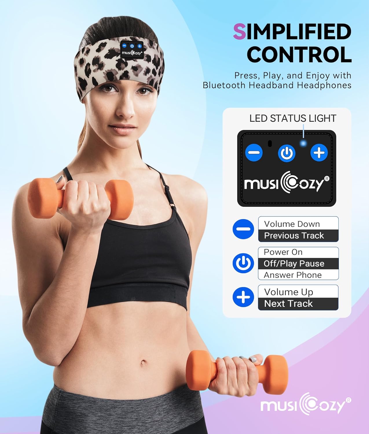 MUSICOZY Bluetooth 5.4 Sleep Headphones Headband,Invisible Earphones, Ultra-Thin HD Stereo Speakers, Noise Cancelling Earplugs, Sweat-Wicking Sports Headband with Leopard Print, Ideal for Side Sleepers, Sleeping, Running, Yoga, Office, Stress Relief