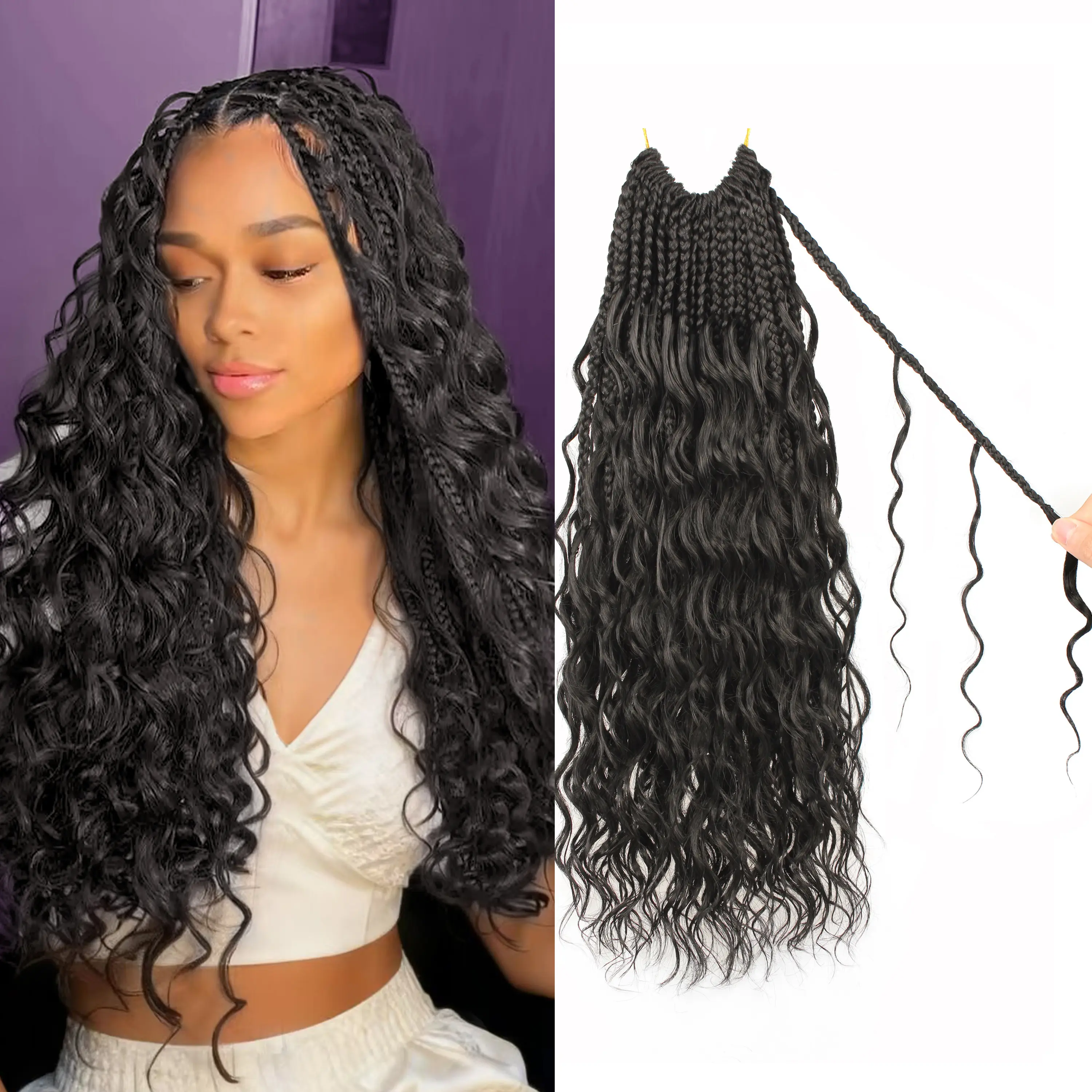 ENBEAUTIFUL Bohemian Pre-Looped Crochet Hair Extensions - 14" Natural Black 8-Pack, Soft Wavy Curly Ends, High-Protein Silk Synthetic Hair, No Frizz, Easy Installation & Maintenance, for Boho Braids, Goddess Braids Hairstyles
