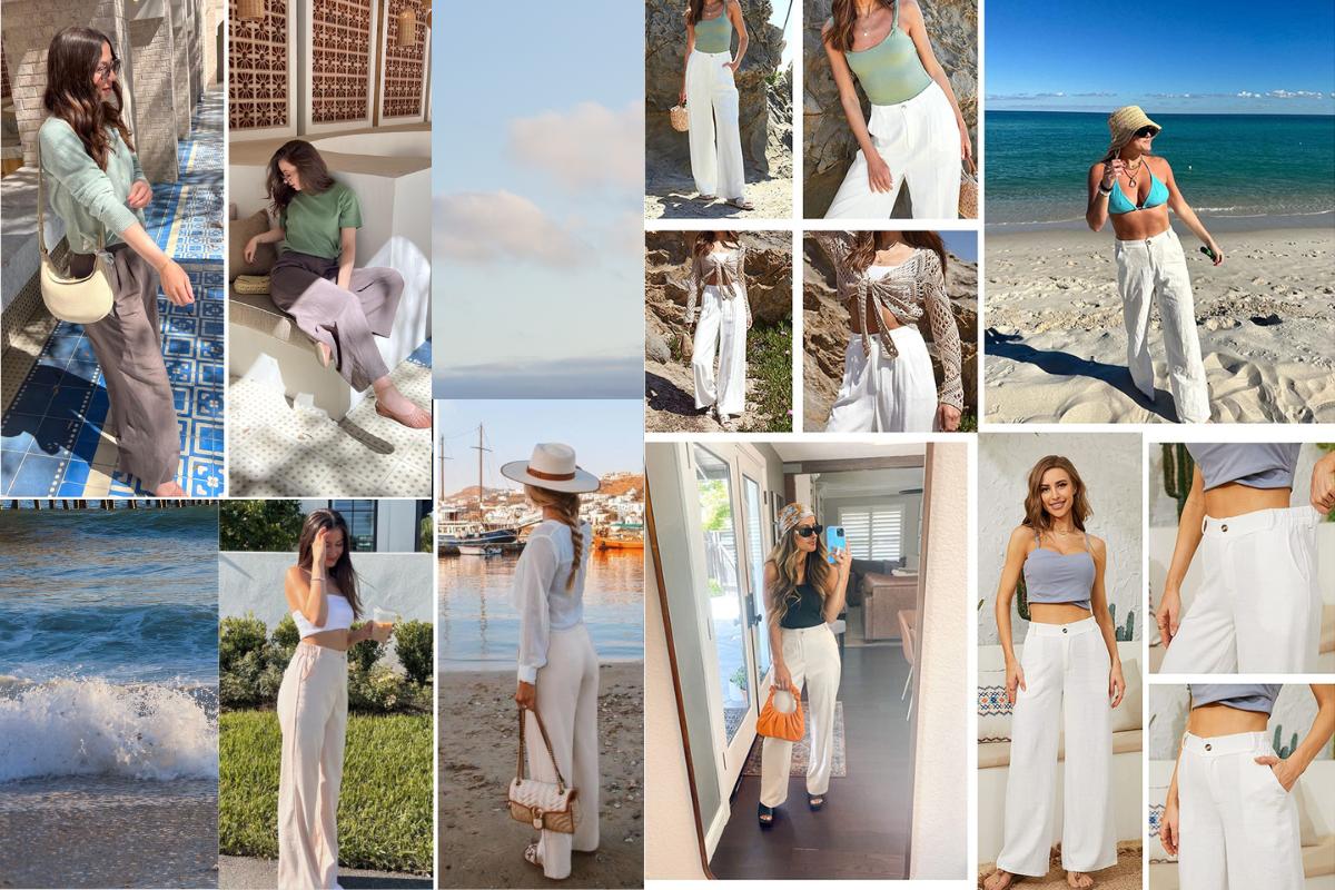 Kingapril Womens Cotton Linen Pants Casual Button Up High Waisted Wide Leg Trousers