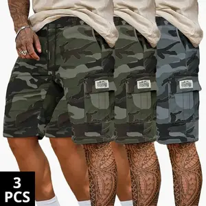 Men’s camouflage twill three-piece shorts set featuring multiple pockets—casual outdoor streetwear trend, knee-length shorts suitable for everyday wear; a men’s summer essential. active lifestyle outfit sale