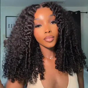 Sunber 200% Density Afro Kinky Curly Wig 7x5 Glueless Human Hair Wig Finger Coil Ends Pre-bleached Lace Closure Wig Pre plucked Beginner Friendly Reay to wear summerwins