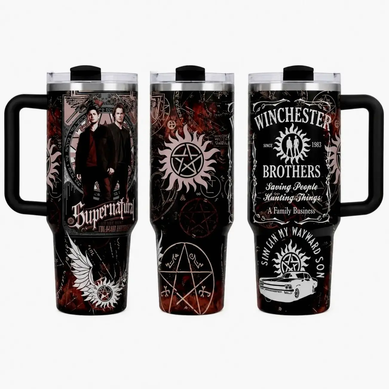 Supernatural Inspired 40oz Tumbler with Handle and Straw, Winchester Brothers Anti-Possession Symbol Insulated Travel Mug, Saving People Hunting Things Gift for Dean and Sam Fans