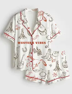 Women’s Hand Drawn Western Cowgirl Bachelorette Party Long Sleeve Silky Satin Pajama Set