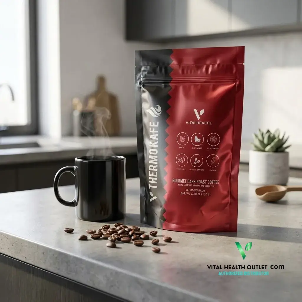 VitalHealth V-THERMOCAFE Coffee Gourmet Dark Roast with L-Carnitine Guarana & Green Tea Natural Energy Boost 5.30 oz